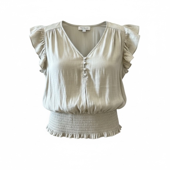 Rachel Zoe Tops - NWT Rachel Zoe Ruflfe Short Sleeve Satin Ruched Waist Blouse Sage Green - Medium